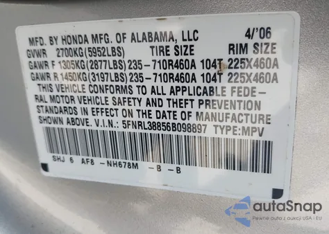2006 Honda Odyssey Touring from USA, damaged, VIN 5FNRL38856B098897